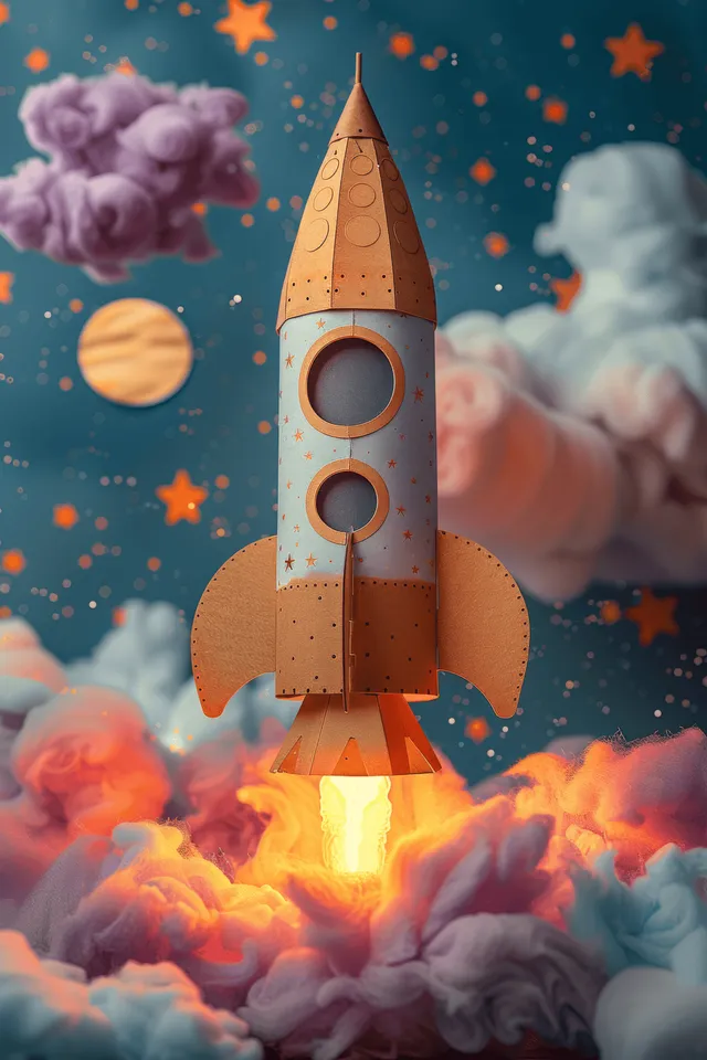 A cardboard rocket ship blasts upward from fiery clouds into a star-filled night sky.