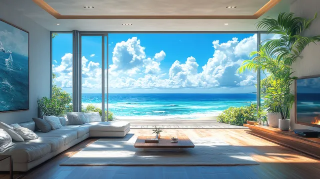 Sunlit minimalist living room with ocean view through large windows, sofa, wooden floor, and potted palm plants.