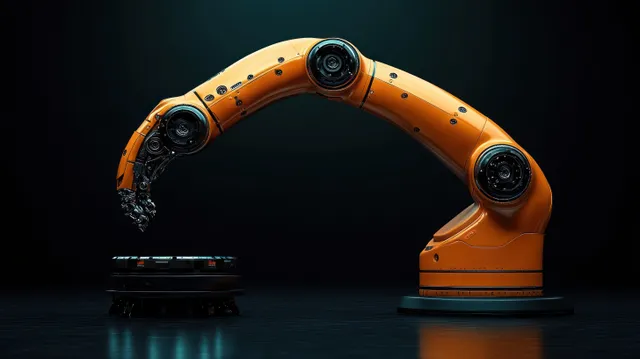 Orange multi-joint robotic arm with gripper hovers above a circular platform under focused light in a dark room.