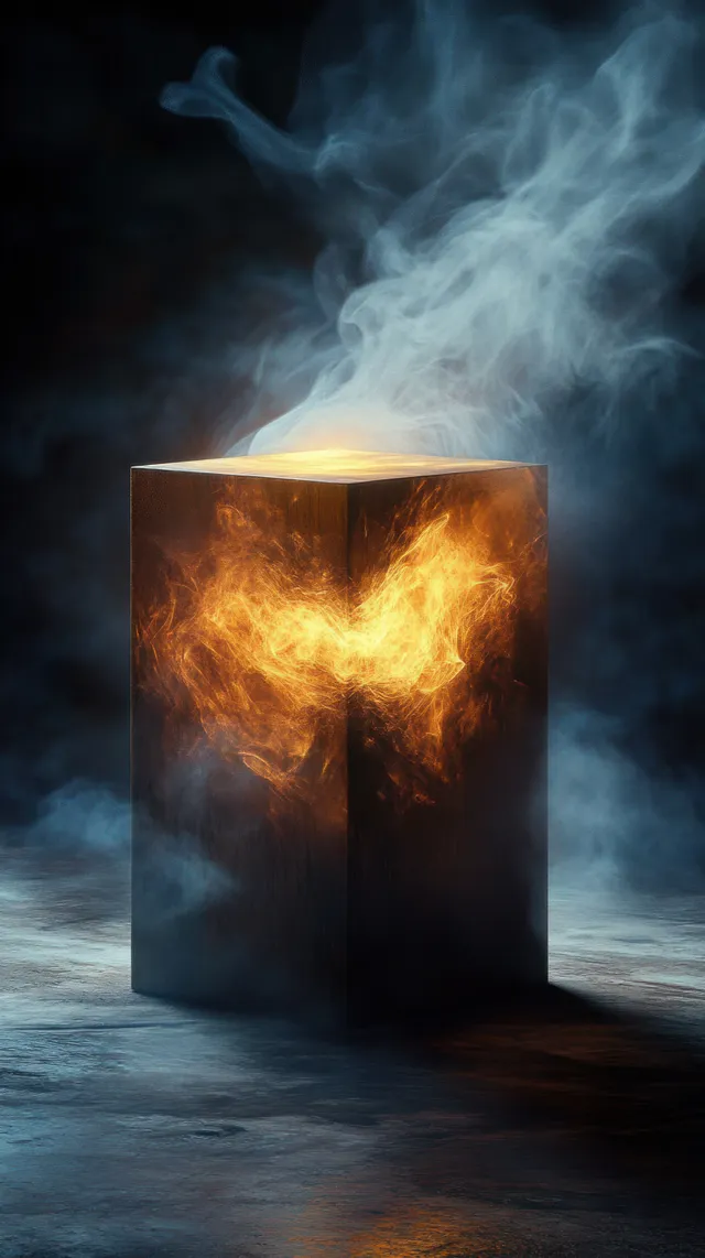 A dark block burns with orange flames as white smoke swirls in a dim, smoky scene.