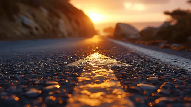 Endless asphalt road at sunset with golden sunlight glinting across the pavement.