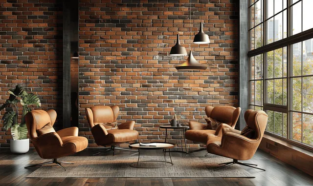 Industrial loft living room with brick wall, leather armchairs, and coffee table by window