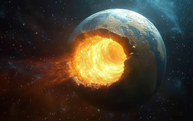 Surreal Earth cross-section with a glowing molten core inside a planet silhouette amid stars in space.