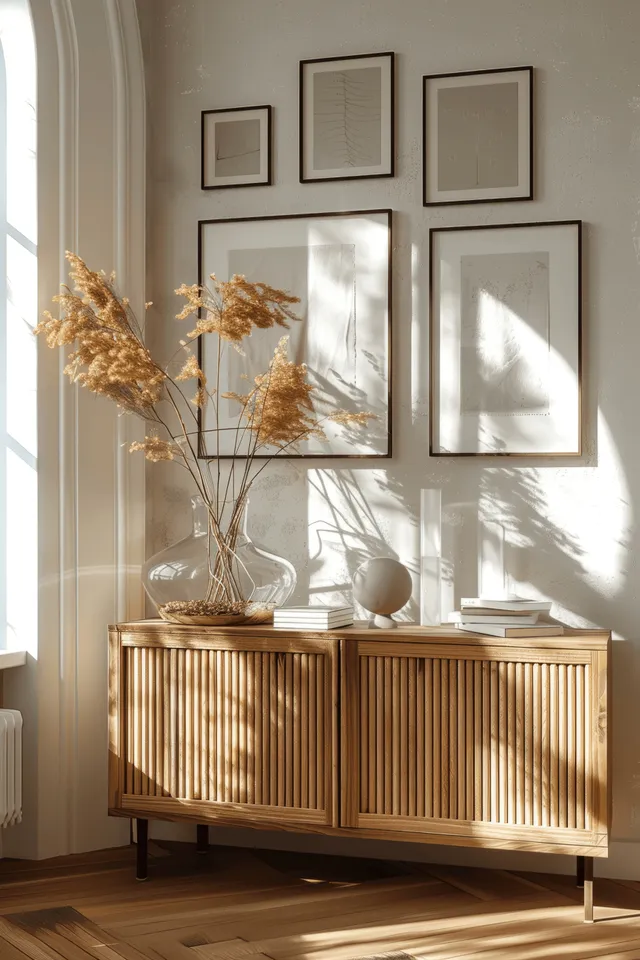 Scandinavian wooden sideboard beside wall with mock poster frames and sunlit shadows indoors with Home Decor Styling