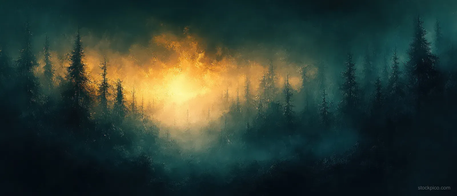 Dark pine trees silhouette against a glowing misty golden sky.