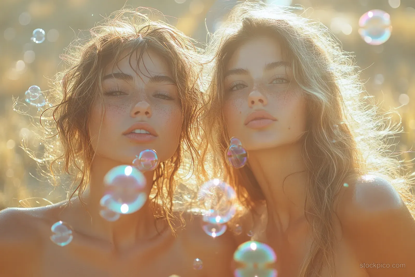 Two women smile while blowing soap bubbles in a sunny outdoor park with sparkling light.