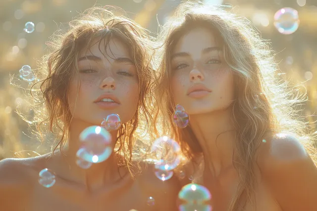 Two women smile while blowing soap bubbles in a sunny outdoor park with sparkling light.