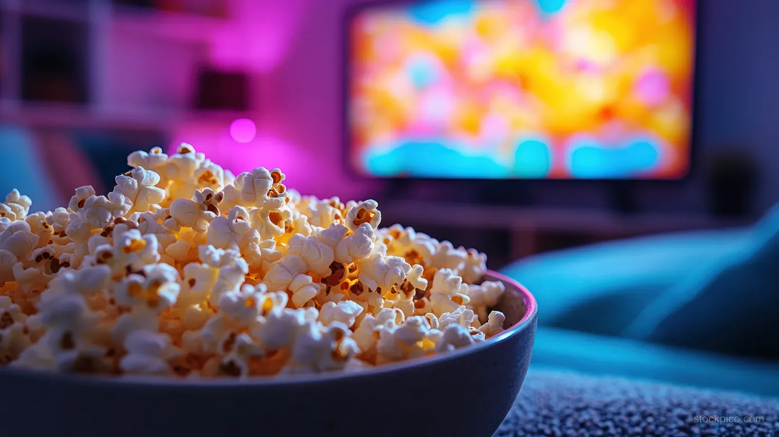 Close-up of a bowl of popcorn with a softly blurred television screen glowing behind in a living room.