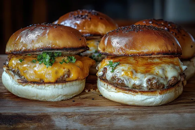 Four cheeseburgers with melted cheddar and mozzarella sit on toasted buns, topped with herbs on a wooden board.