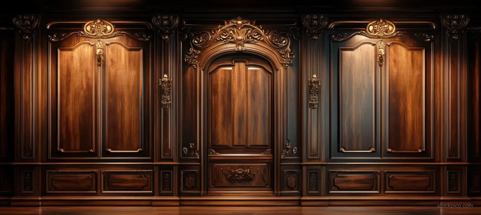 Carved dark brown wooden wall paneling with arched centerpiece and decorative molding under warm interior lighting.