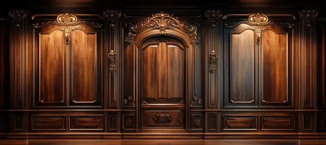 Ornate dark brown wooden wall paneling with carved arches and decorative molding in warm light