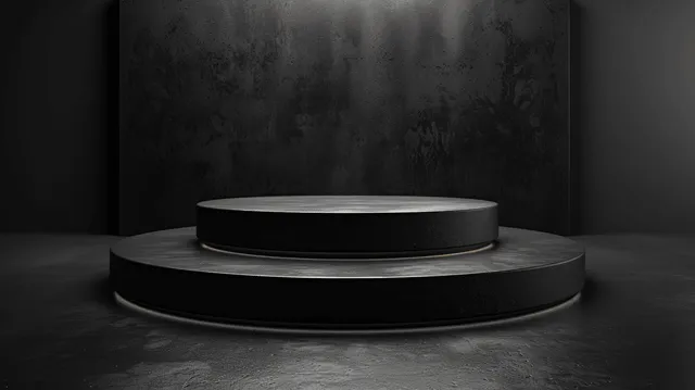 Black minimal podium with round stages under subtle spotlight on textured dark backdrop