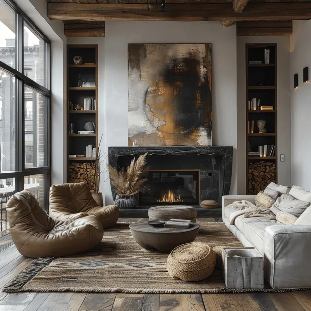 Modern living room with a fireplace, leather armchairs, built-in shelves, large windows, and an abstract painting above.
