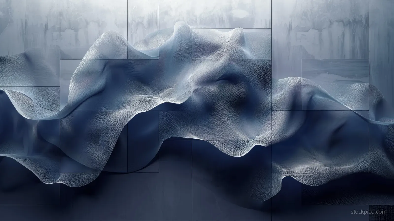 Blue wavy lines ripple across a translucent glass-panel background with soft digital light effects.