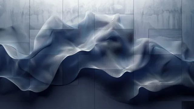 Futuristic blue wave lines over glass panel texture, abstract digital technology background