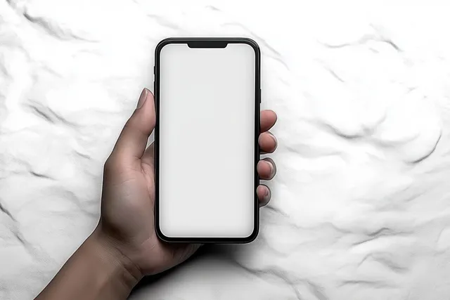 A hand holds a smartphone with a blank white screen against a textured light background.