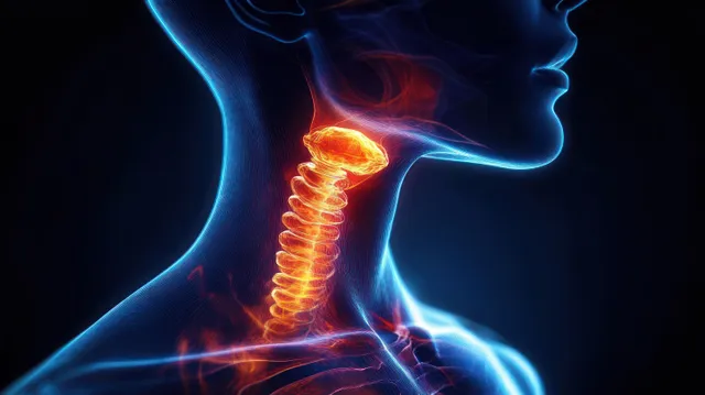Side profile digital medical illustration with glowing cervical spine and throat anatomy on a dark blue background.