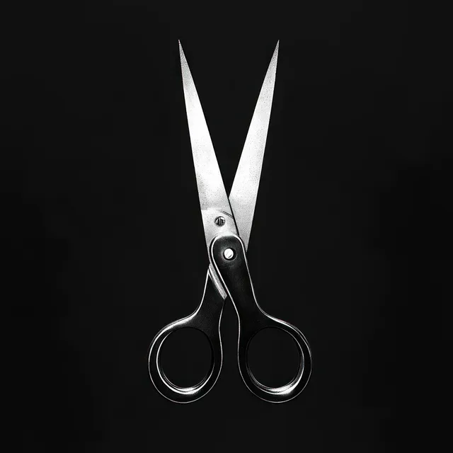 Opened metallic scissors with black handles against a dark background, showing reflective sharp blades.