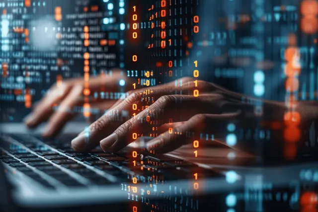 Hands typing code beside glowing binary streams over a server-like data backdrop