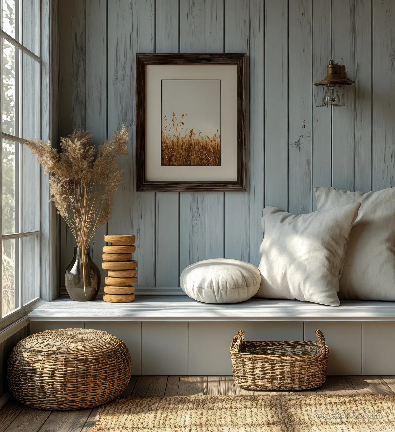 Neutral minimalist children’s room with woven baskets, wooden storage, pillows on a sofa, and warm window light.