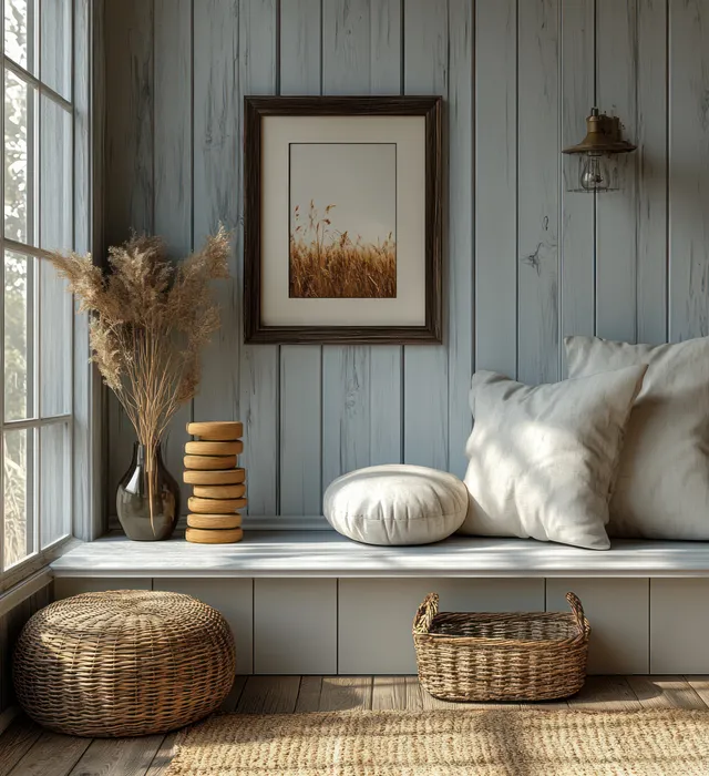 Neutral minimalist children’s room with woven baskets, wooden storage, pillows on a sofa, and warm window light.