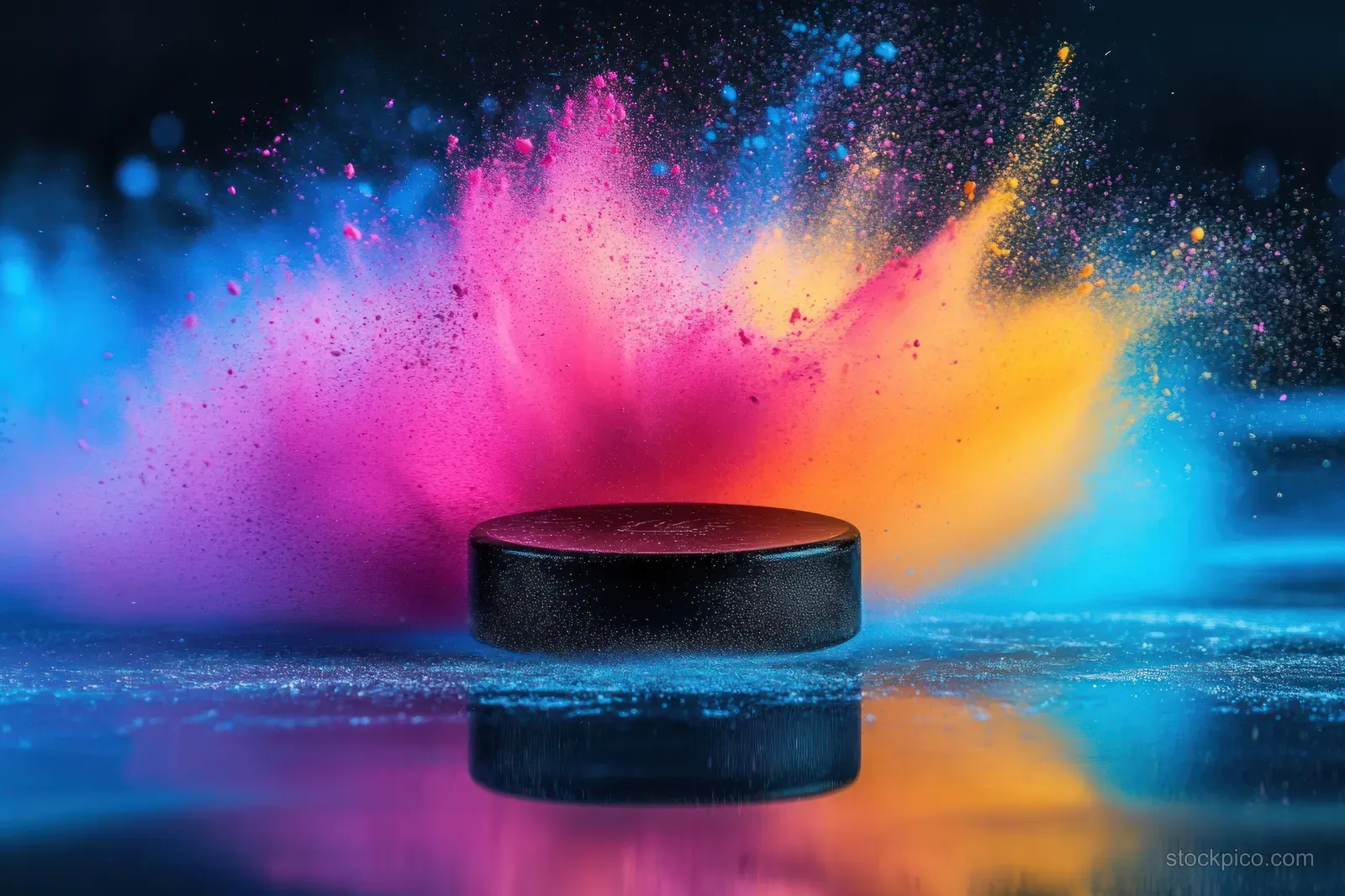 Black hockey puck impacts a surface as blue, pink, and yellow powder erupts in a colorful cloud.