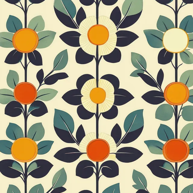 Seamless floral pattern with orange and yellow blossoms surrounded by green leaves on a cream background.