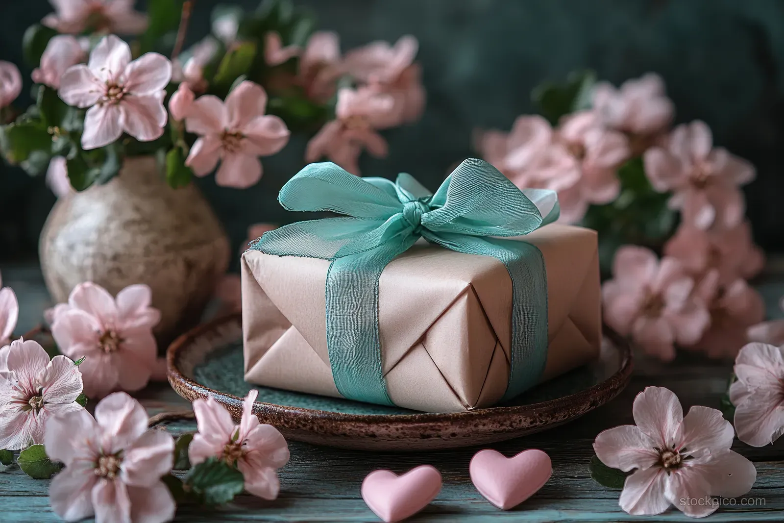 Turquoise-bowed gift box on a decorated table with pink flowers and small heart ornaments.