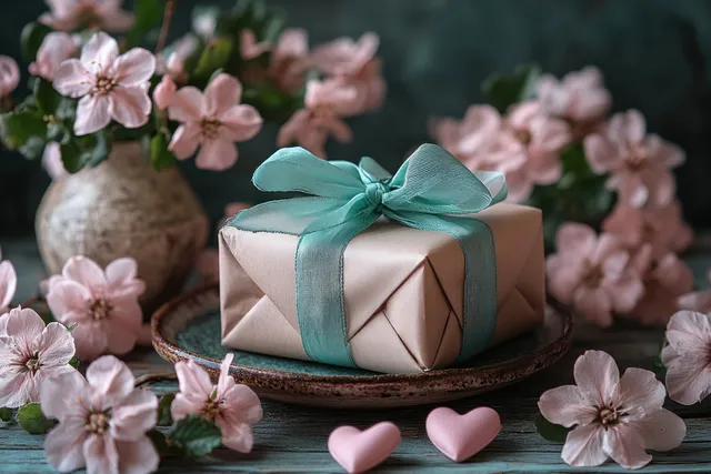 Turquoise-bowed gift box on a decorated table with pink flowers and small heart ornaments.