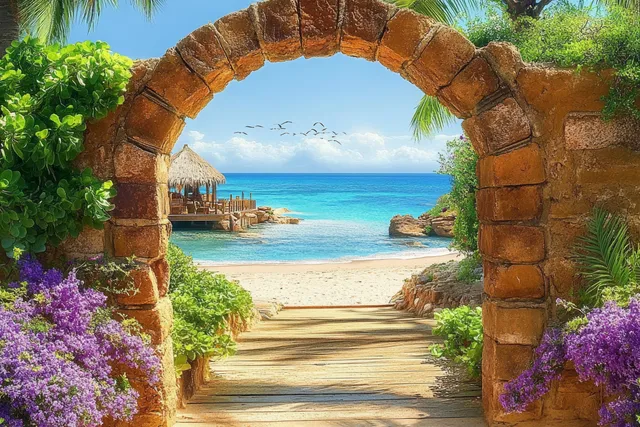 Arched stone doorway frames a tropical beach path with turquoise water and blooming greenery