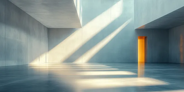 Minimalist concrete interior showing angled ceiling panels, sunlit light rays, and long shadows on an empty floor.