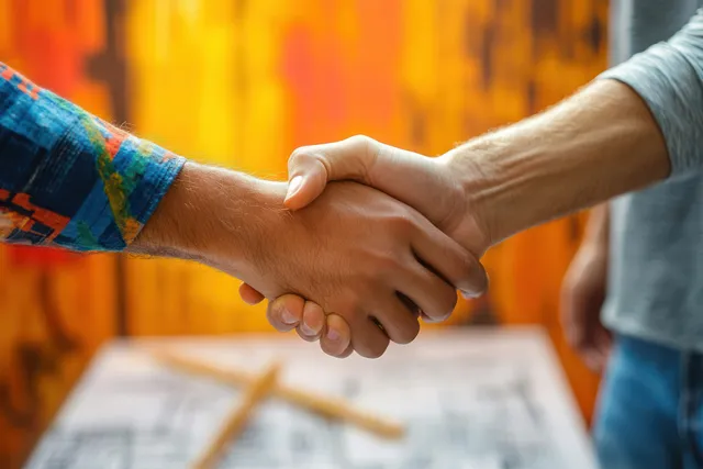Two people shake hands at a renovation site while blueprint documents lie on a table nearby.