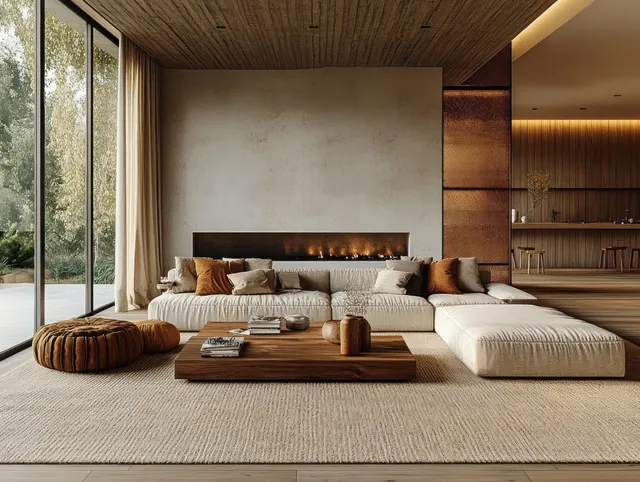 Modern living room with a large sectional, wooden coffee table, linear fireplace, and floor-to-ceiling windows showing greenery outside.