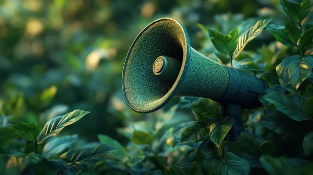 Green megaphone protruding from lush leaves with soft natural bokeh light behind it.