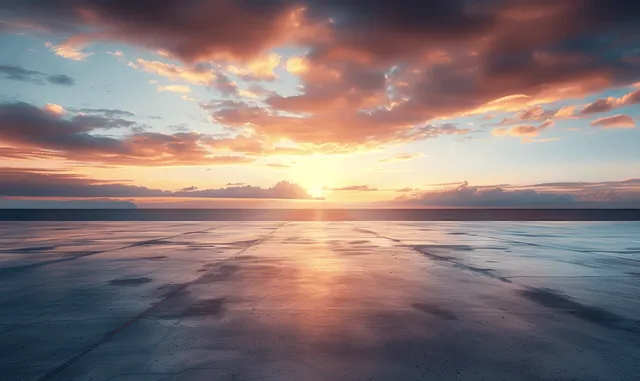 Sunset sky with orange and pink clouds reflected on a still salt flat horizon.