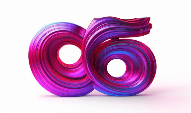 Minimalist 3D number 56 made of layered red and purple rounded geometric ribbons on a bright background.