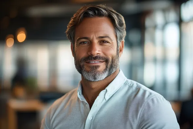 Middle-aged man stands in a modern office with natural window light and a blurred corporate background.