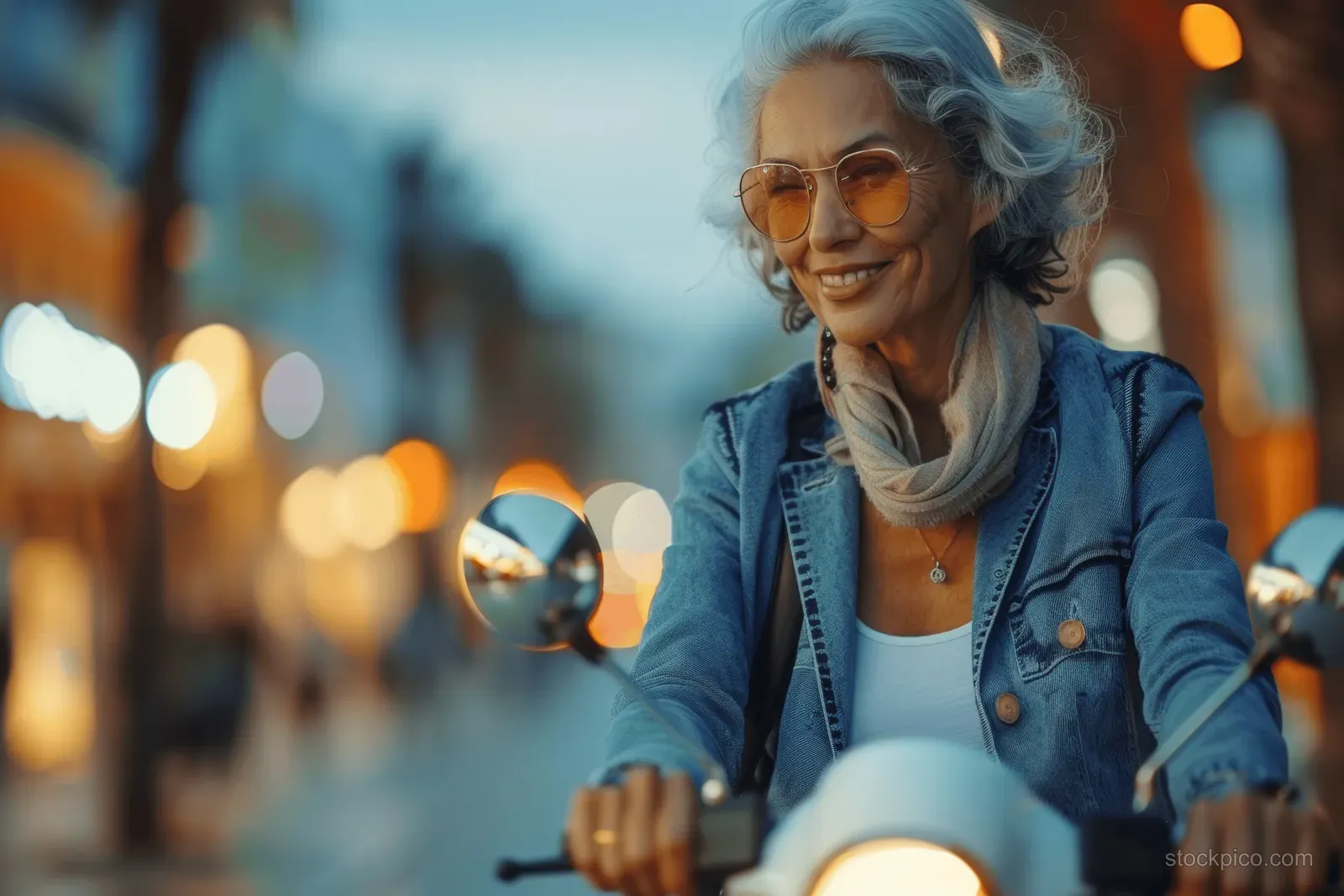Smiling senior woman rides a blue vintage scooter in sunlit coastal Italy street scene.