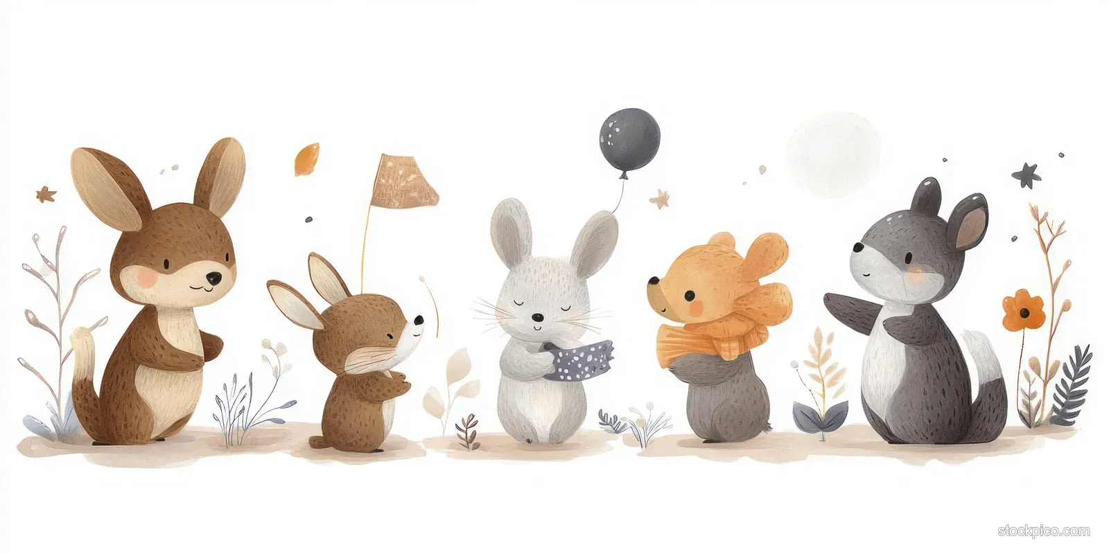 Woodland animal characters march together in a soft watercolor night parade with moon and star details.