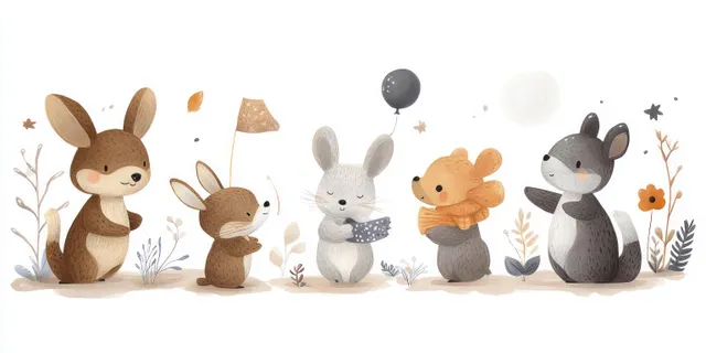 Woodland animals march in a night parade with moonlit stars in soft watercolor