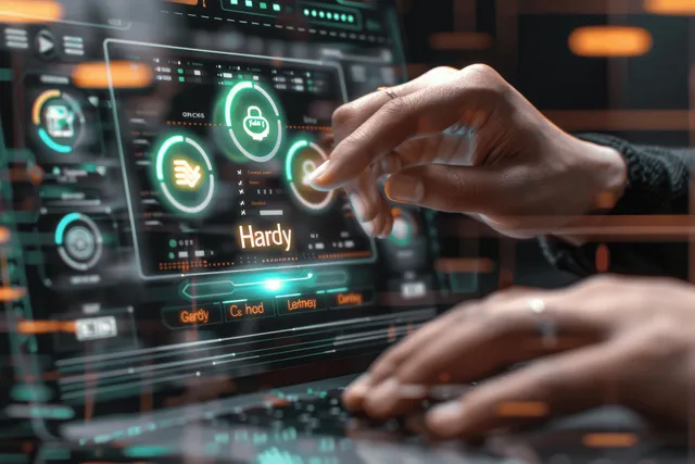 A person’s hands operate a glowing digital dashboard with evaluation metrics and approval icons in a dark cyber workspace.