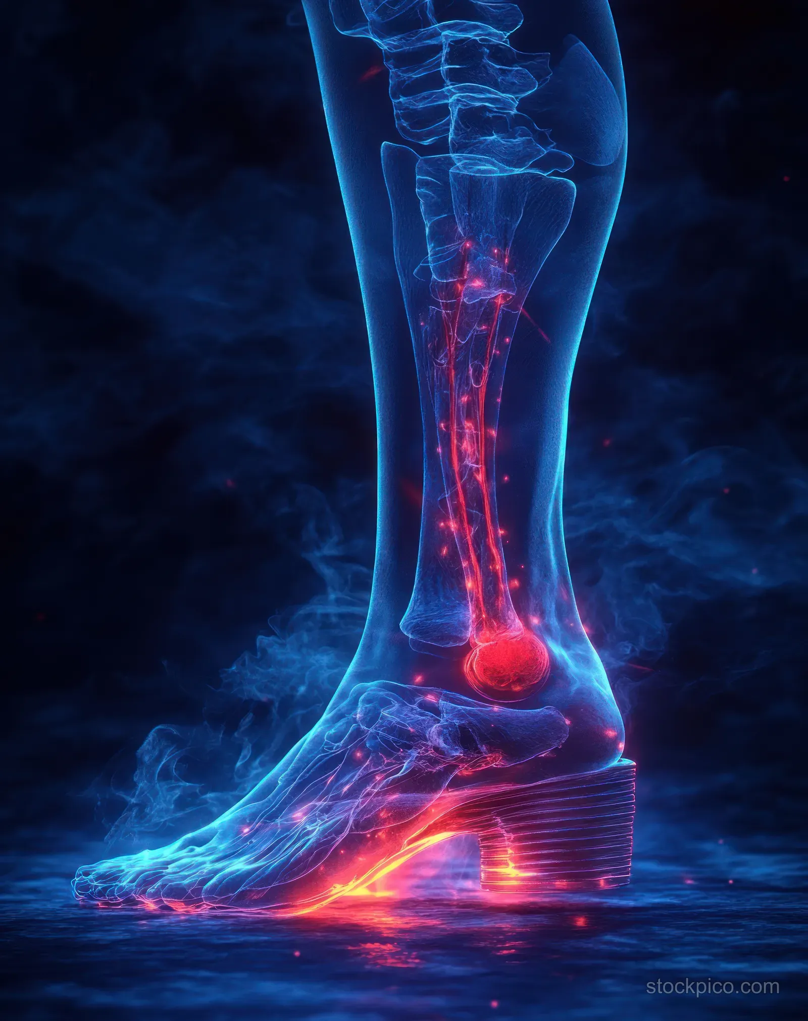 3D ankle joint X-ray illustration with red inflammation highlights on a dark blue medical background.