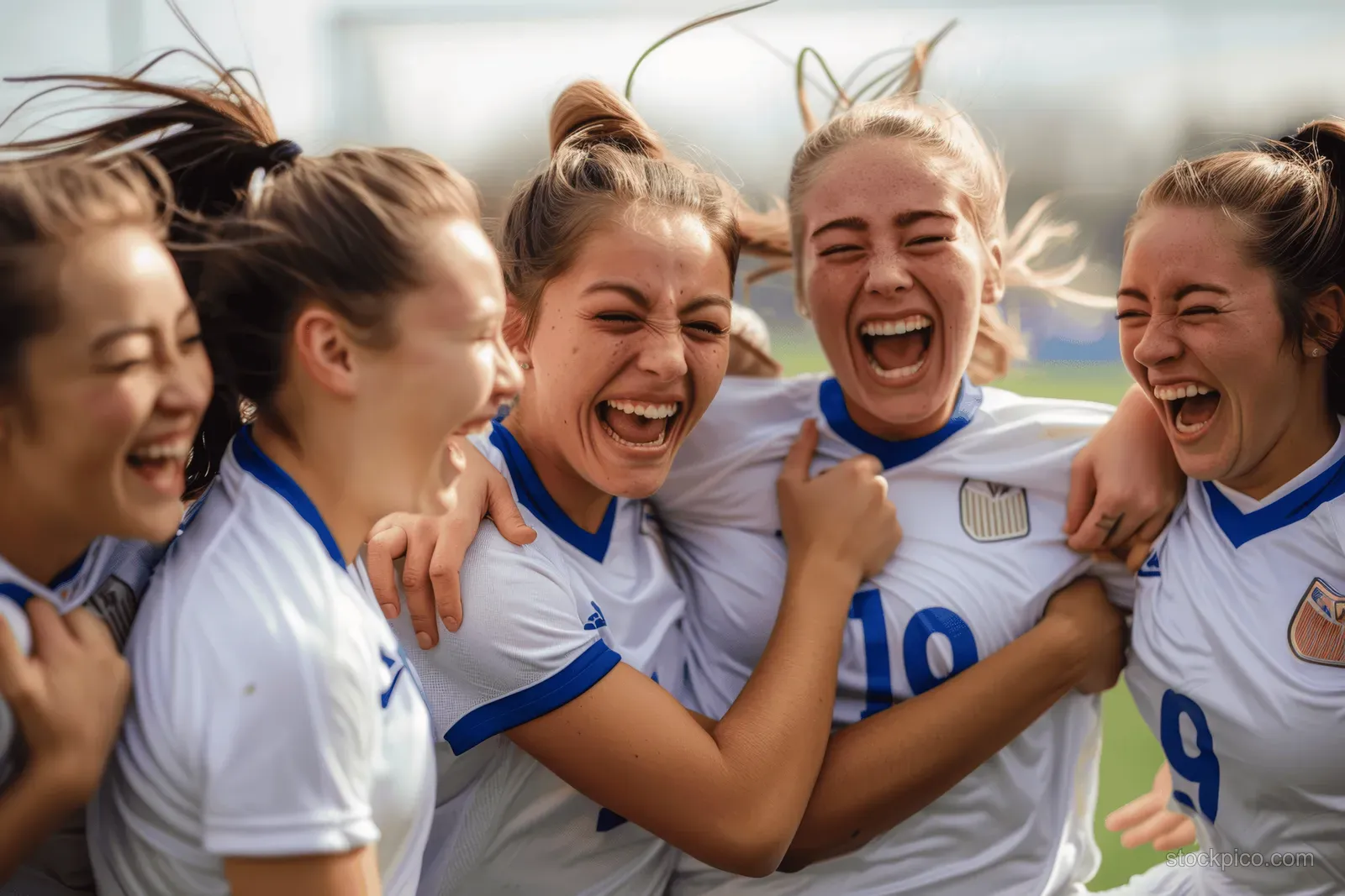 Young women soccer players in blue and white uniforms huddle and smile while celebrating on a sunny outdoor field.