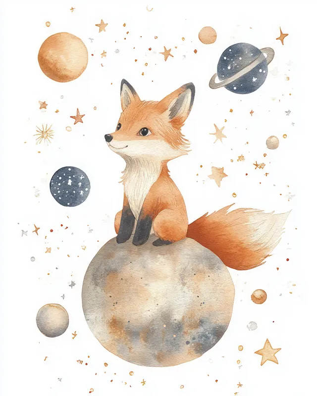Cute fox astronaut dreaming on a whimsical planet beneath watercolor stars and moon