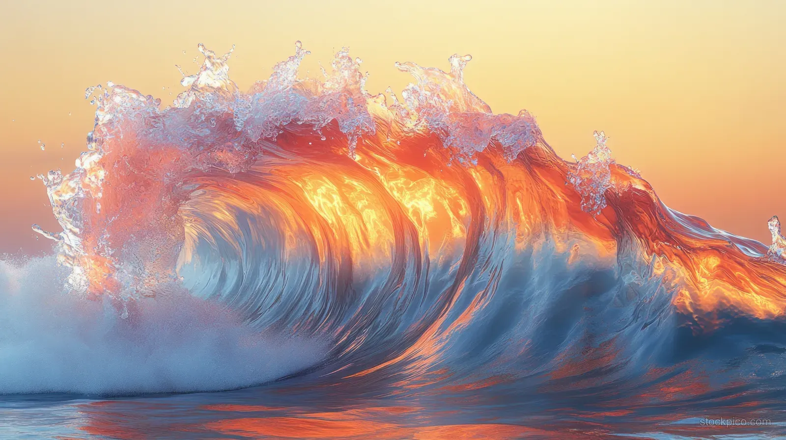 An iridescent orange and blue wave rises from the ocean at sunset with glowing foam and mist.
