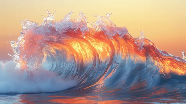 Iridescent wave of liquid rising from ocean at sunset with glowing orange foam
