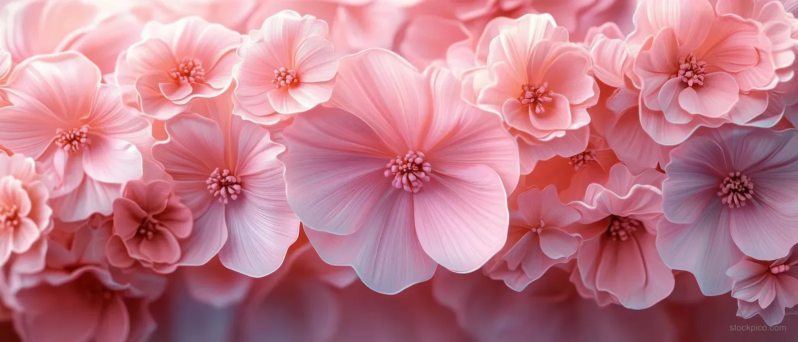 Soft pink flower cluster close-up with delicate petals and detailed red-pink centers against a blurred background.