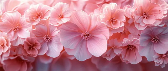Soft pink flower cluster close-up with delicate petals and detailed red-pink centers against a blurred background.