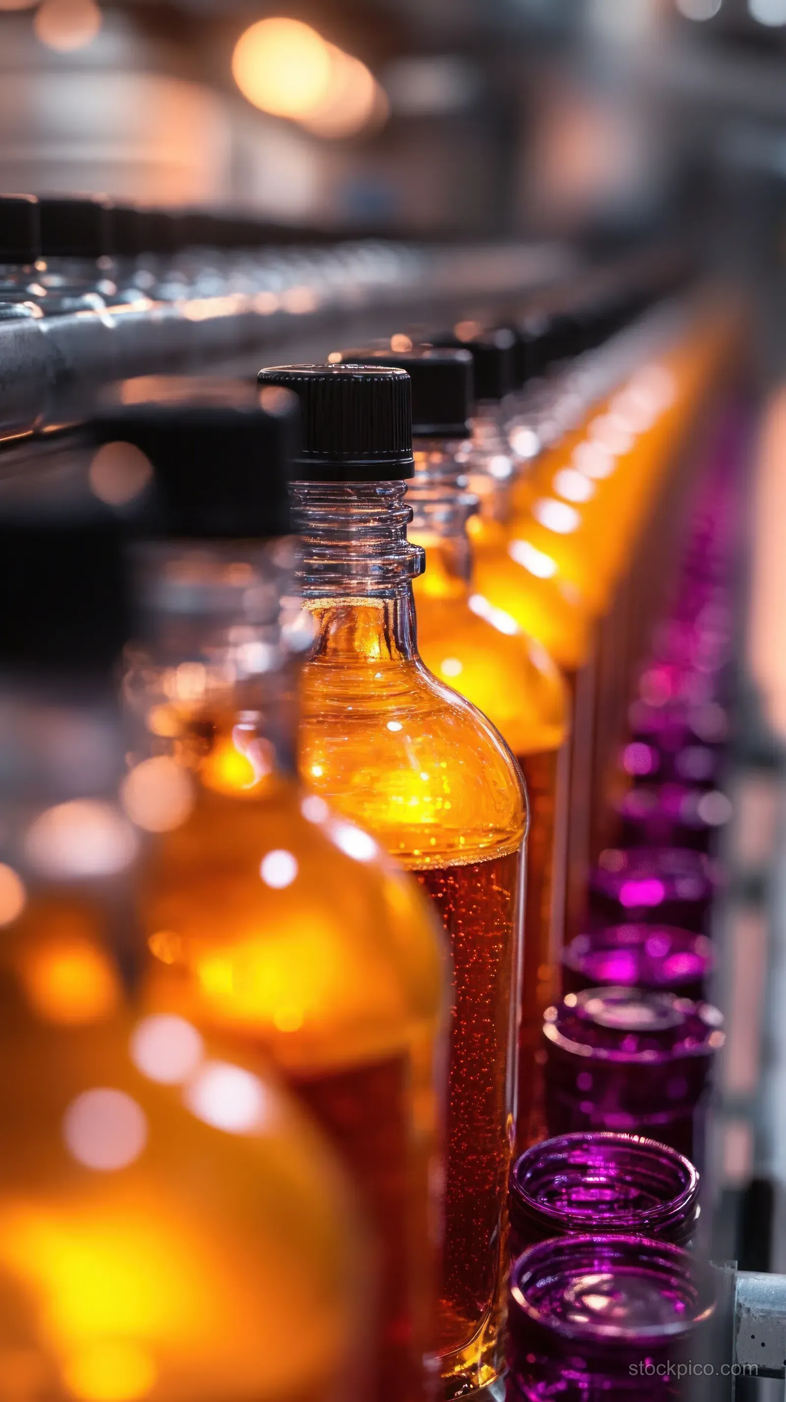 Bottles with black caps on a factory conveyor hold amber and purple liquids under warm lighting.