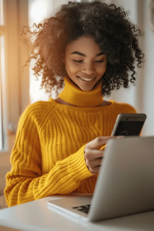 Smiling woman typing on her phone beside laptop on a sunlit home office desk